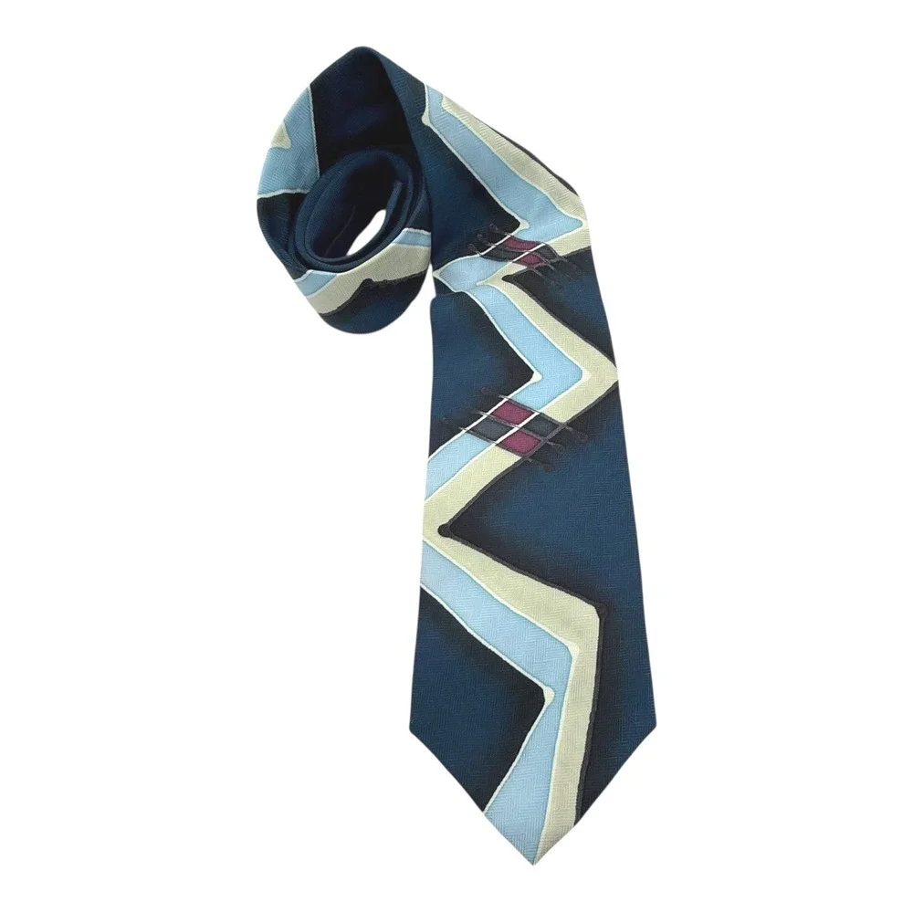 VTG Robert Daskai Silk Hand Painted Artist Signed Tie Geometric Zig‎ Zag Blues